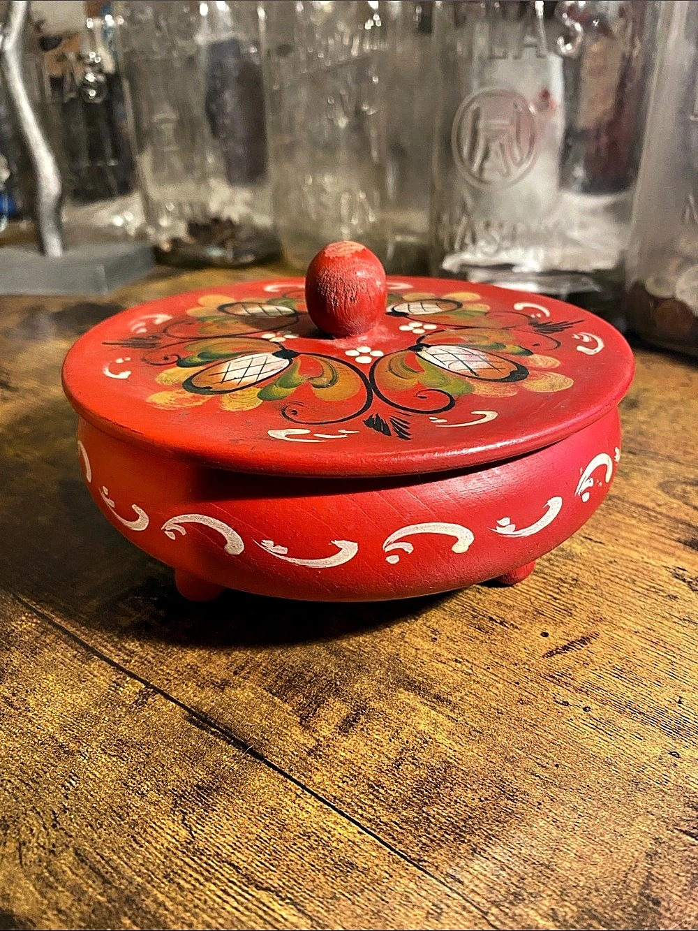 Hand-Painted Floral Wooden Trinket Box Red